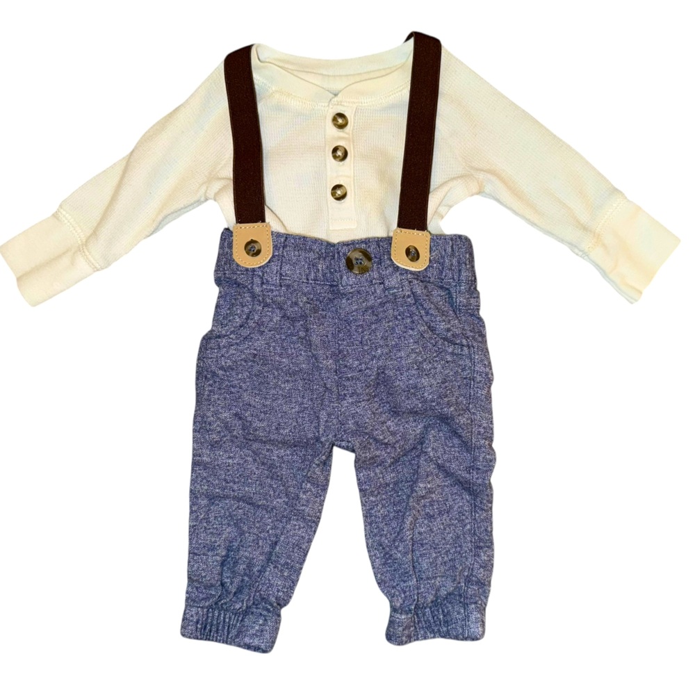Baby Boy Cat & Jack Set Of Long Sleeve Onesie And Pants & Suspenders. Size 0-3 M